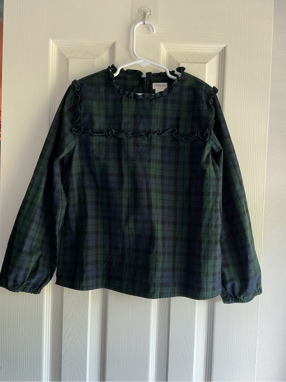Crewcuts Green & Navy Plaid Long-Sleeve Ruffle Yoke Top r